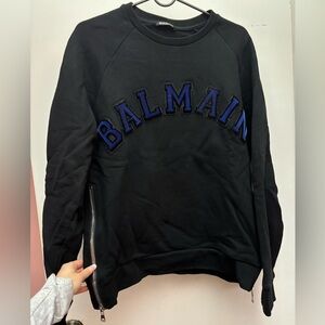 Balmain Mens LARGE Black Sweatshirt Blue Velvet logo 100% COTTON zipper design